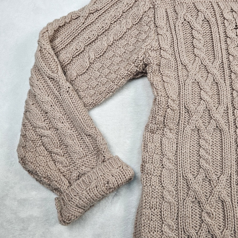Aran Crafts Irish Wool Cable Knit Full Zip Cardigan Hoodie Womens XS Toupe Long - Picture 7 of 15